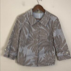 Sigrid Olsen Light Blue & Brown Leaf Print jacket hidden snap front pockets SZ 8
